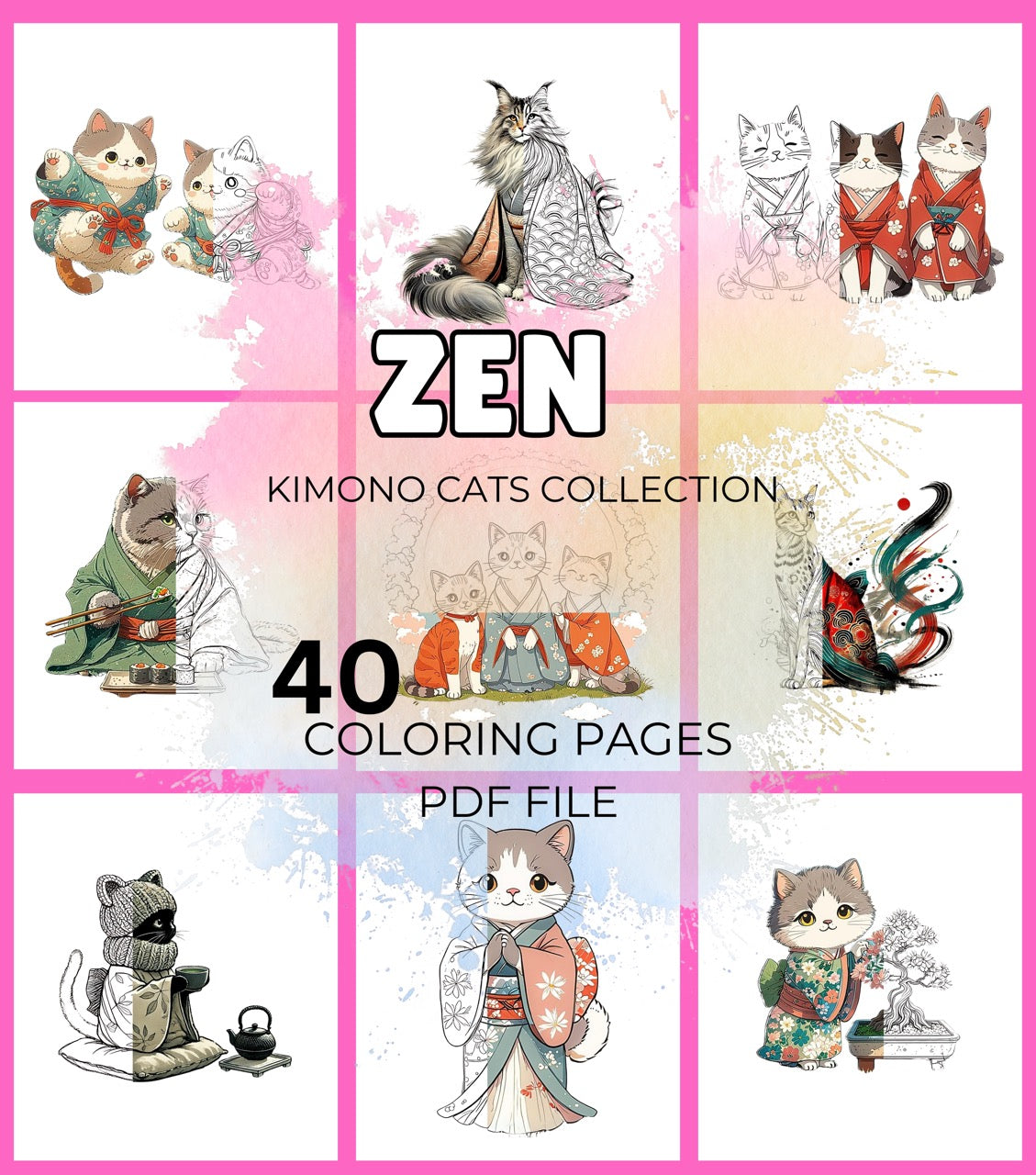 FREE! - 40 Zen Kimono Cats Coloring Pages – Adult Coloring Book, Printable, Stress Relief, Digital Download, Relaxing, ADHD & Anxiety Relief