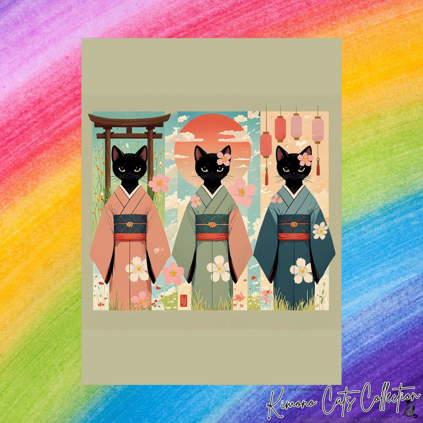 Three Black Cats in Kimonos – Japanese Scroll-Style Wall Art 🐾🎎