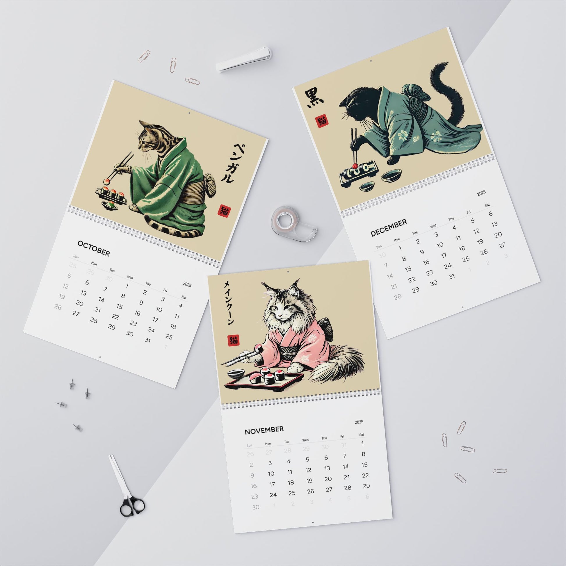 Cats in Kimonos Eating Sushi Calendar 2025