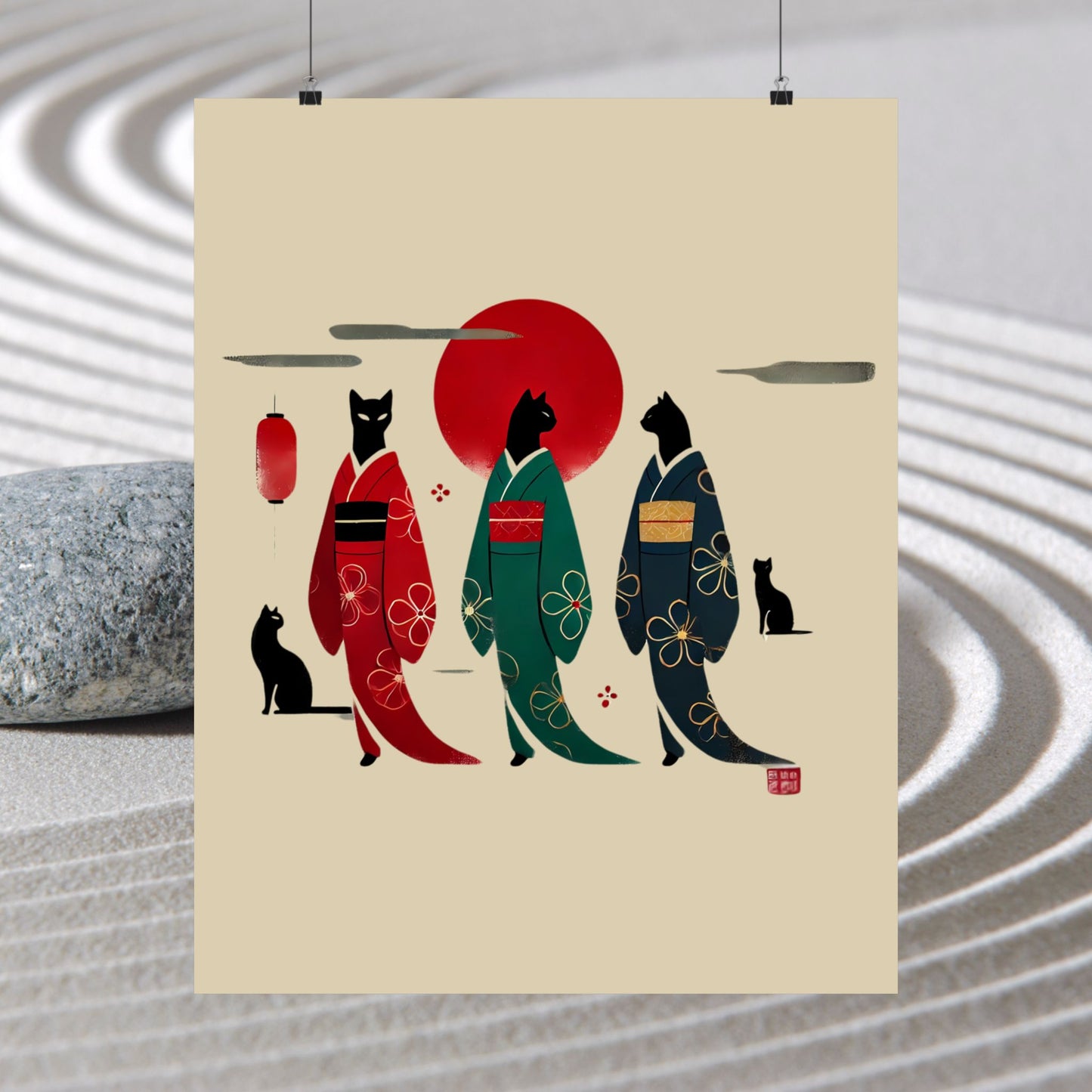 Black Cats in Kimonos Wall Art – Red Sun Print 🐾