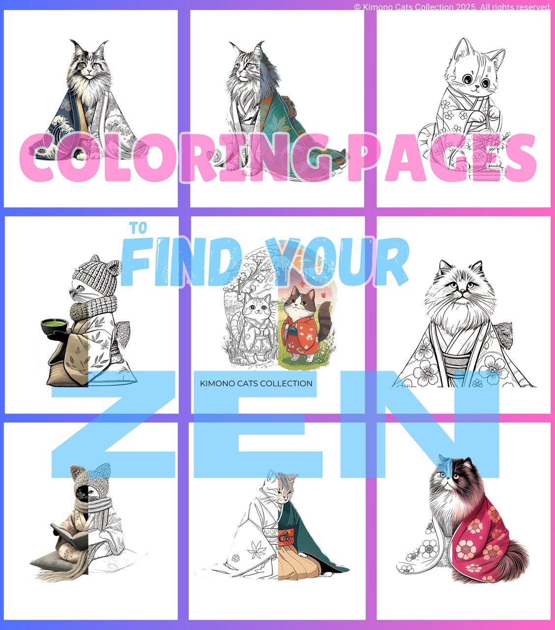 FREE! - 40 Zen Kimono Cats Coloring Pages – Adult Coloring Book, Printable, Stress Relief, Digital Download, Relaxing, ADHD & Anxiety Relief