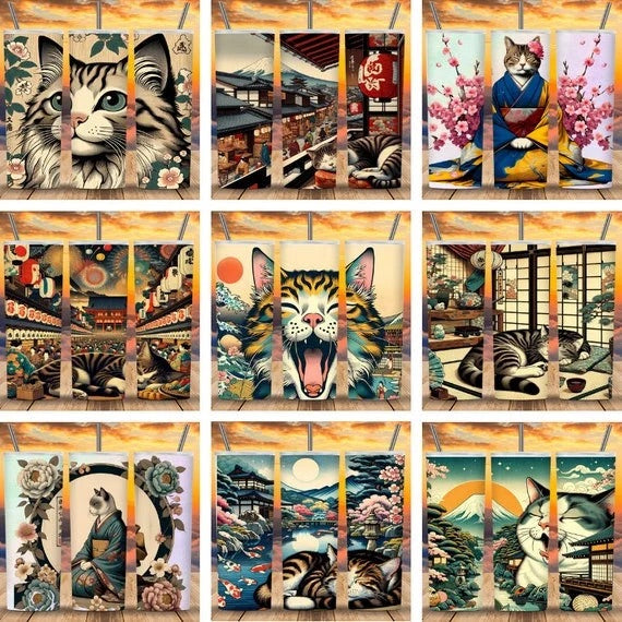 Tumbler Wraps of Cute Kimono Cats