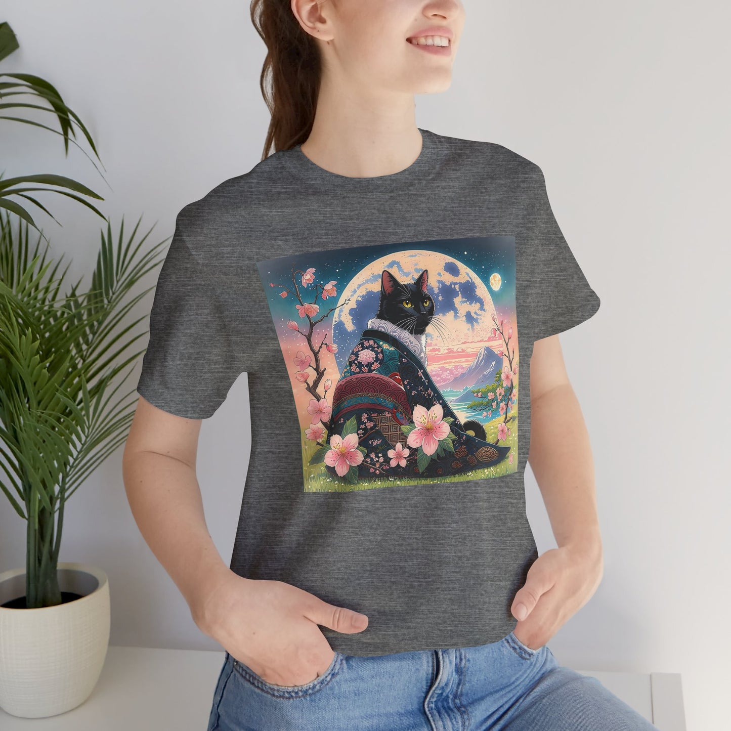 Elegant Black Cat in Cherry Blossom Kimono - Unisex T-Shirt