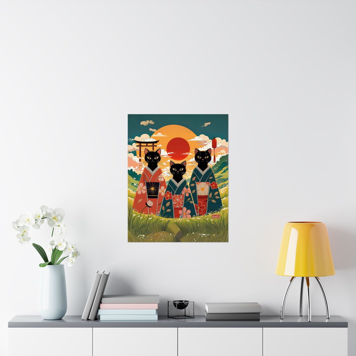 Three Black Cats in Kimonos – Rising Sun Wall Art 🐾🌅