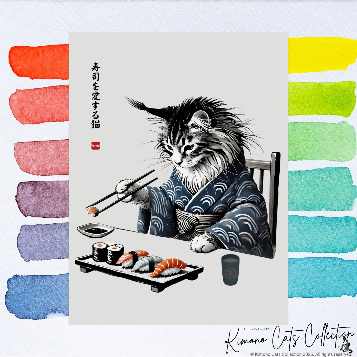 Sushi Cat Art Print - Japanese Sumi-e Maine Coon Wall Decor