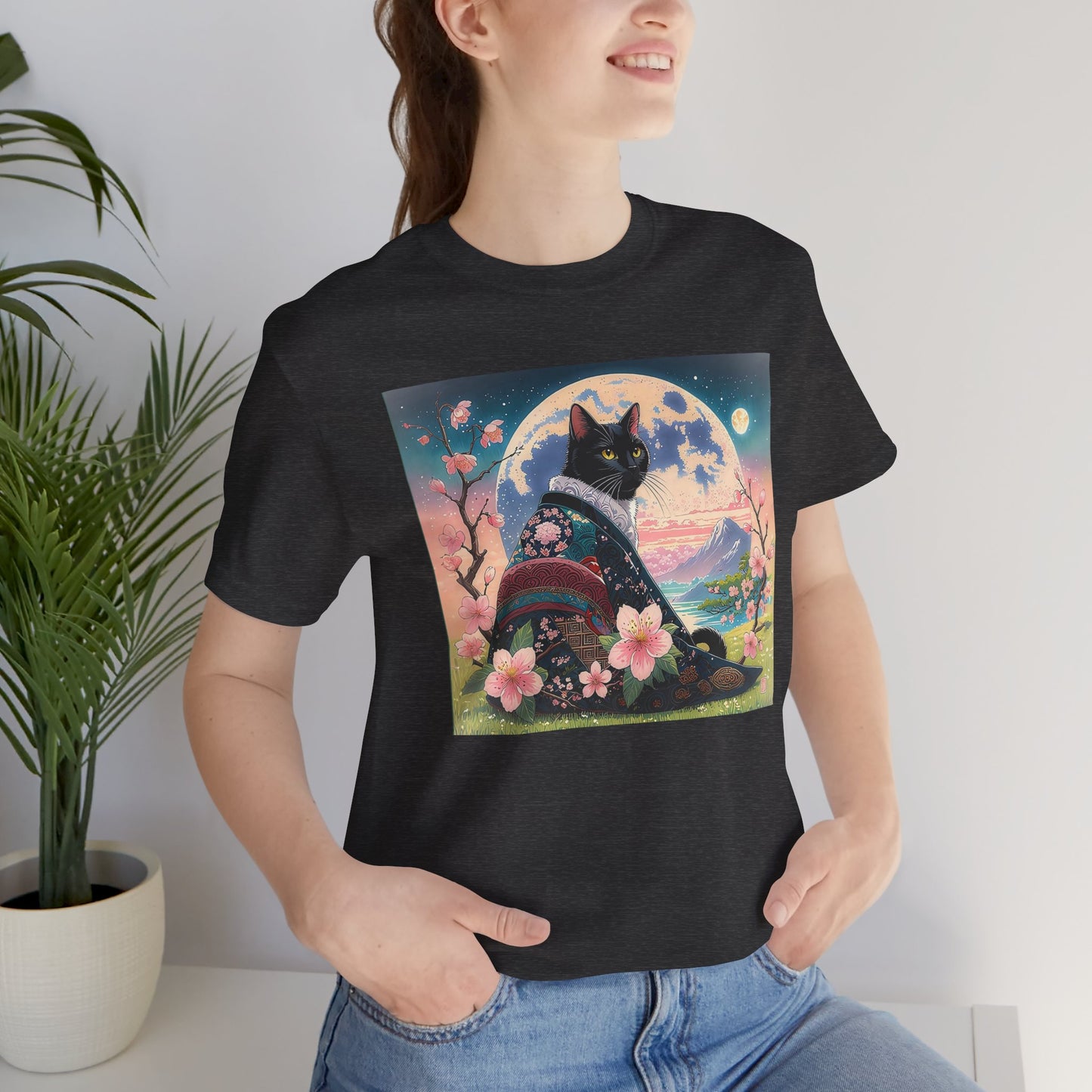 Elegant Black Cat in Cherry Blossom Kimono - Unisex T-Shirt