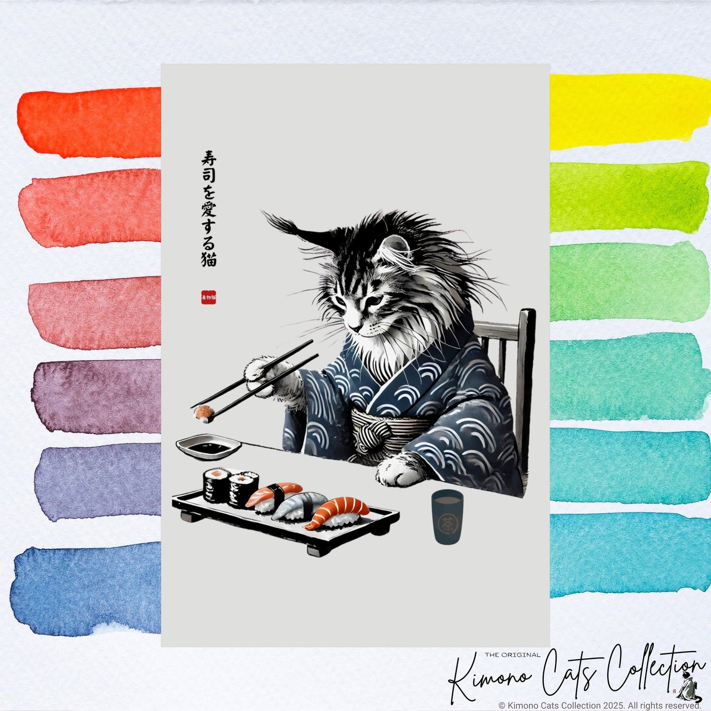 Sushi Cat Art Print - Japanese Sumi-e Maine Coon Wall Decor