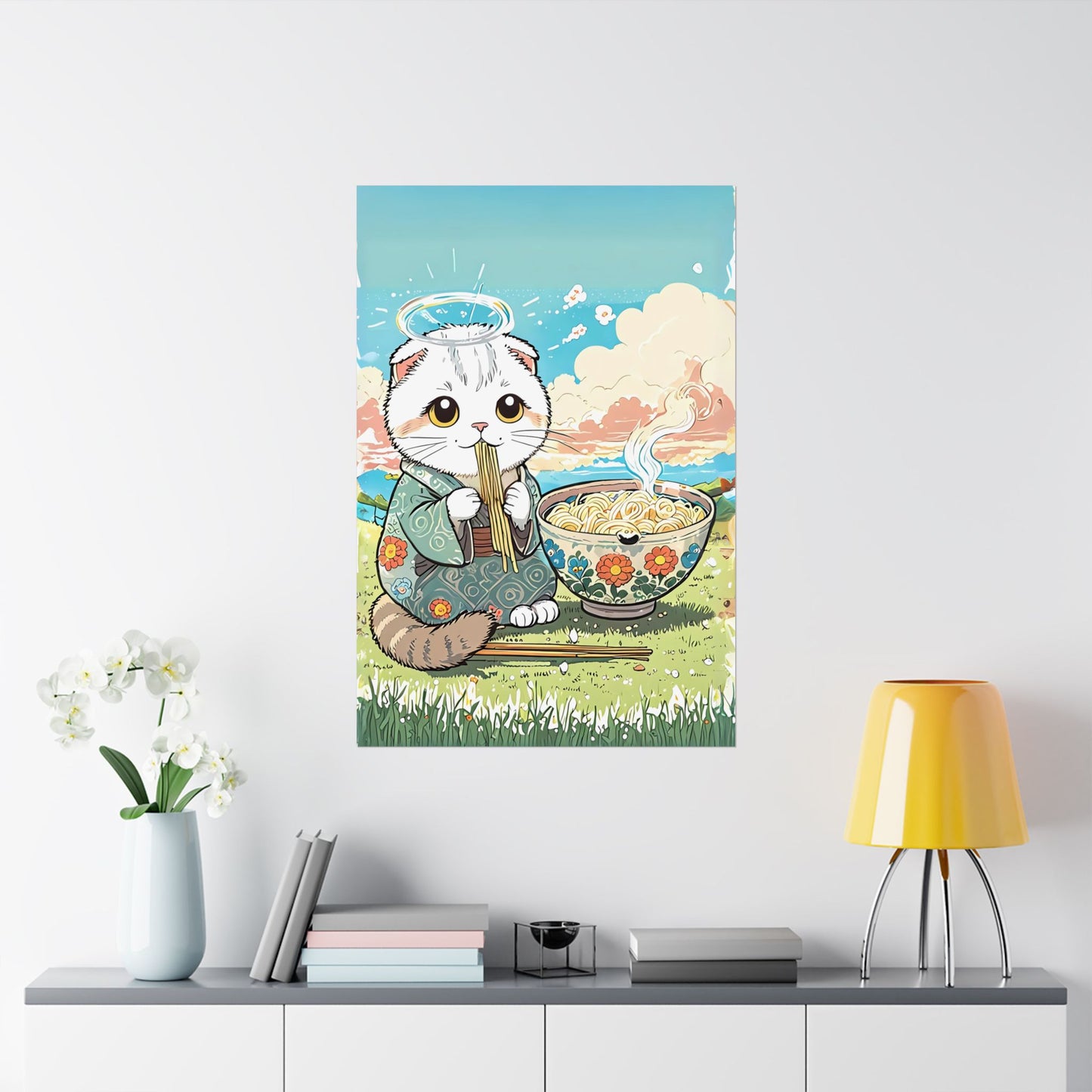 Ramen Angel Cat – Whimsical Kimono Cat Wall Art 🐾🍜