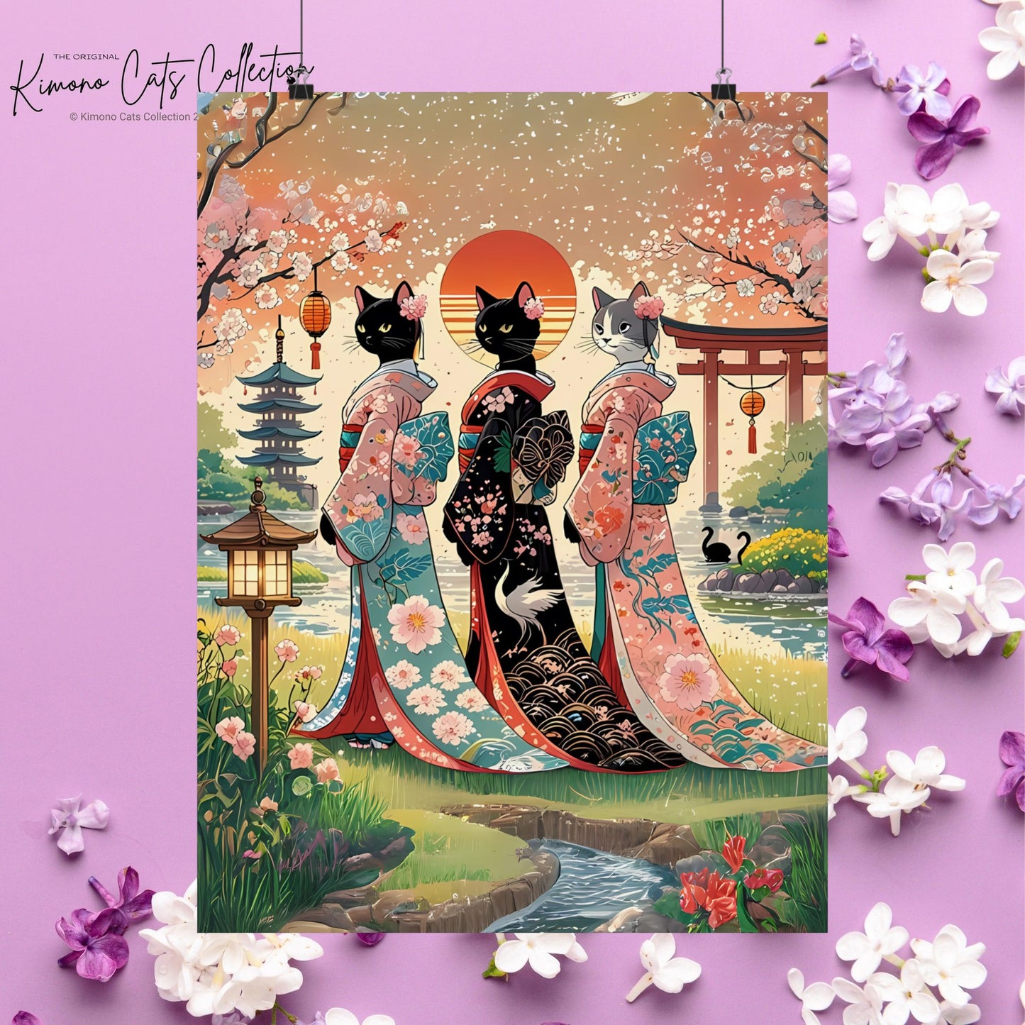 Geisha Cats Art Print – Elegant & Whimsical Wall Decor 🐾🎎