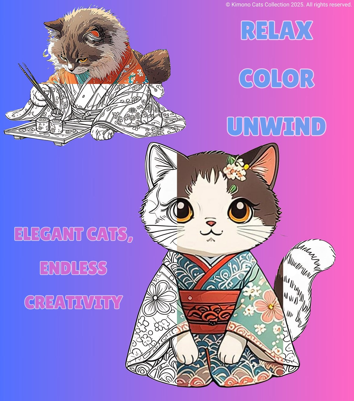 FREE! - 40 Zen Kimono Cats Coloring Pages – Adult Coloring Book, Printable, Stress Relief, Digital Download, Relaxing, ADHD & Anxiety Relief