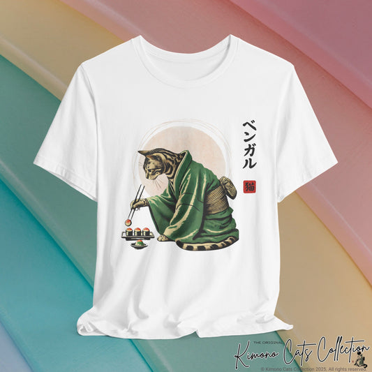 Bengal Cat in Kimono Eating Sushi - T-Shirt