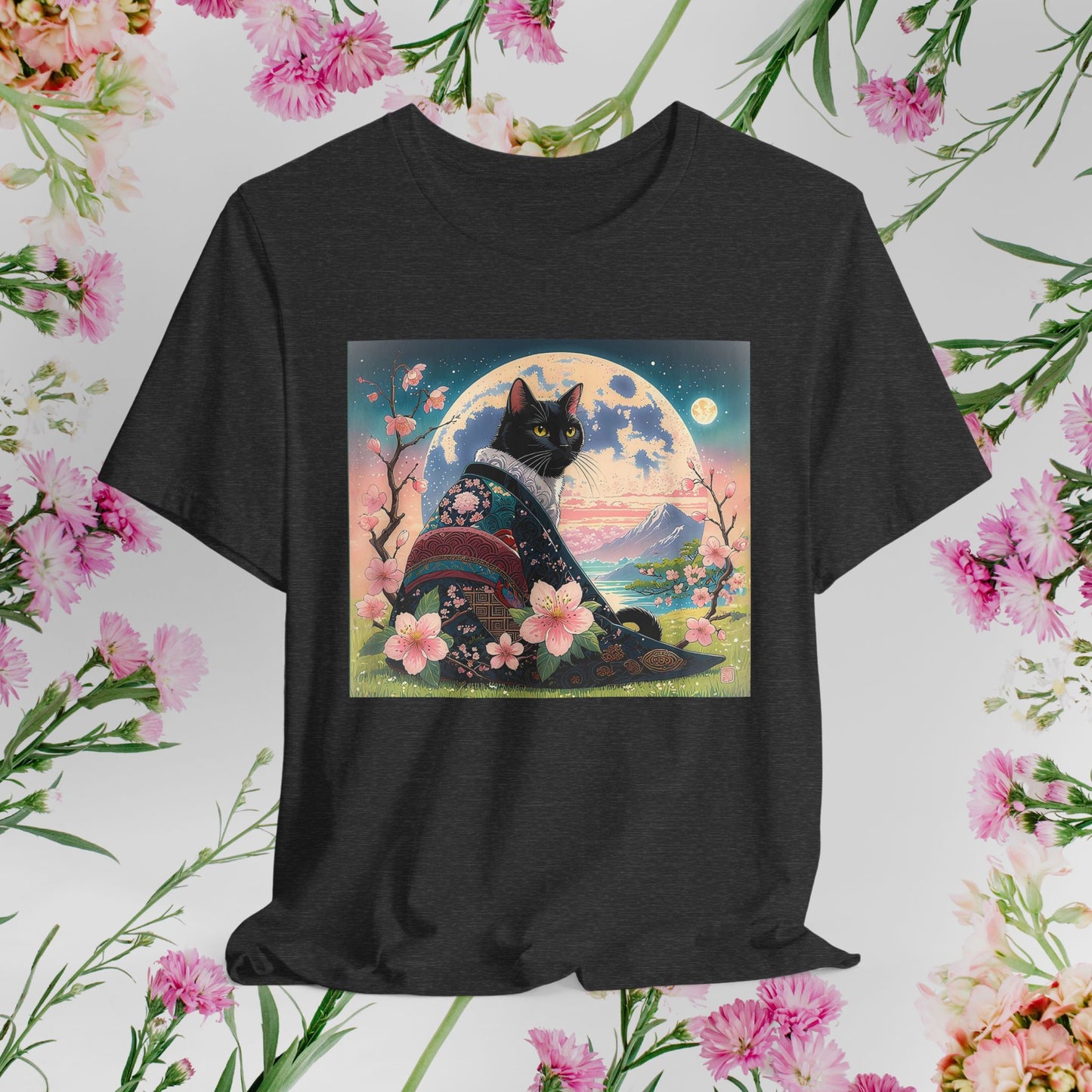 Elegant Black Cat in Cherry Blossom Kimono - Unisex T-Shirt