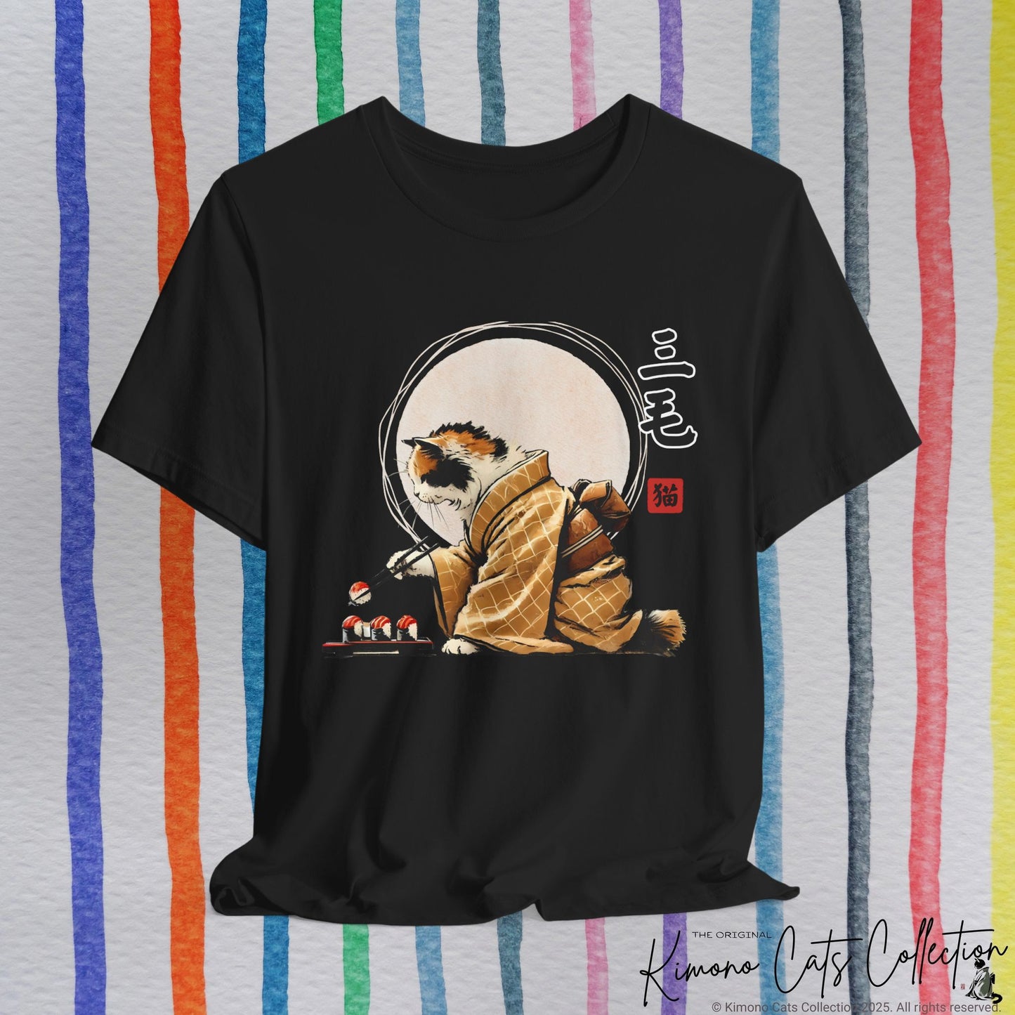 Calico Cat in Kimono Eating Sushi - T-Shirt