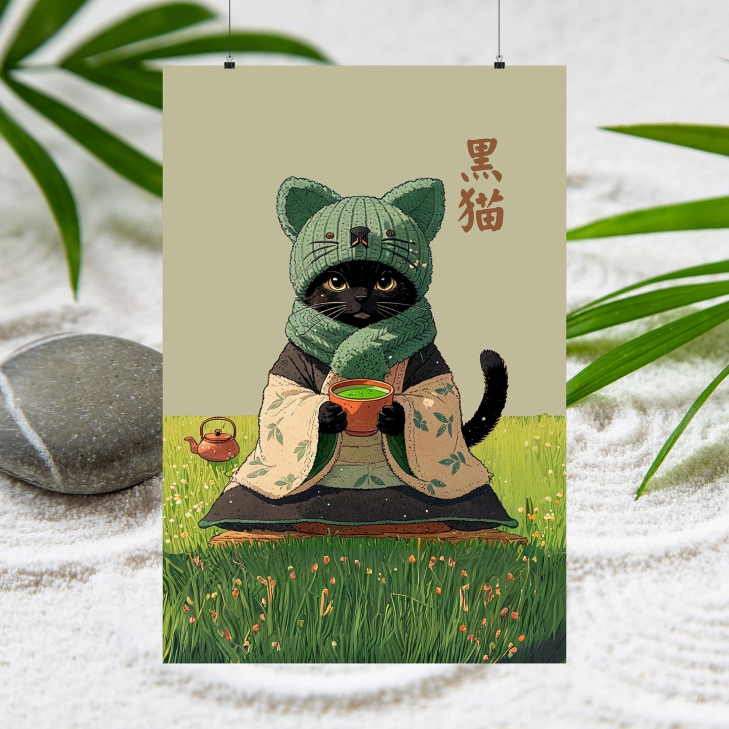 Cozy Black Cat Tea Art – Matcha Lover Wall Print 🐾🍵