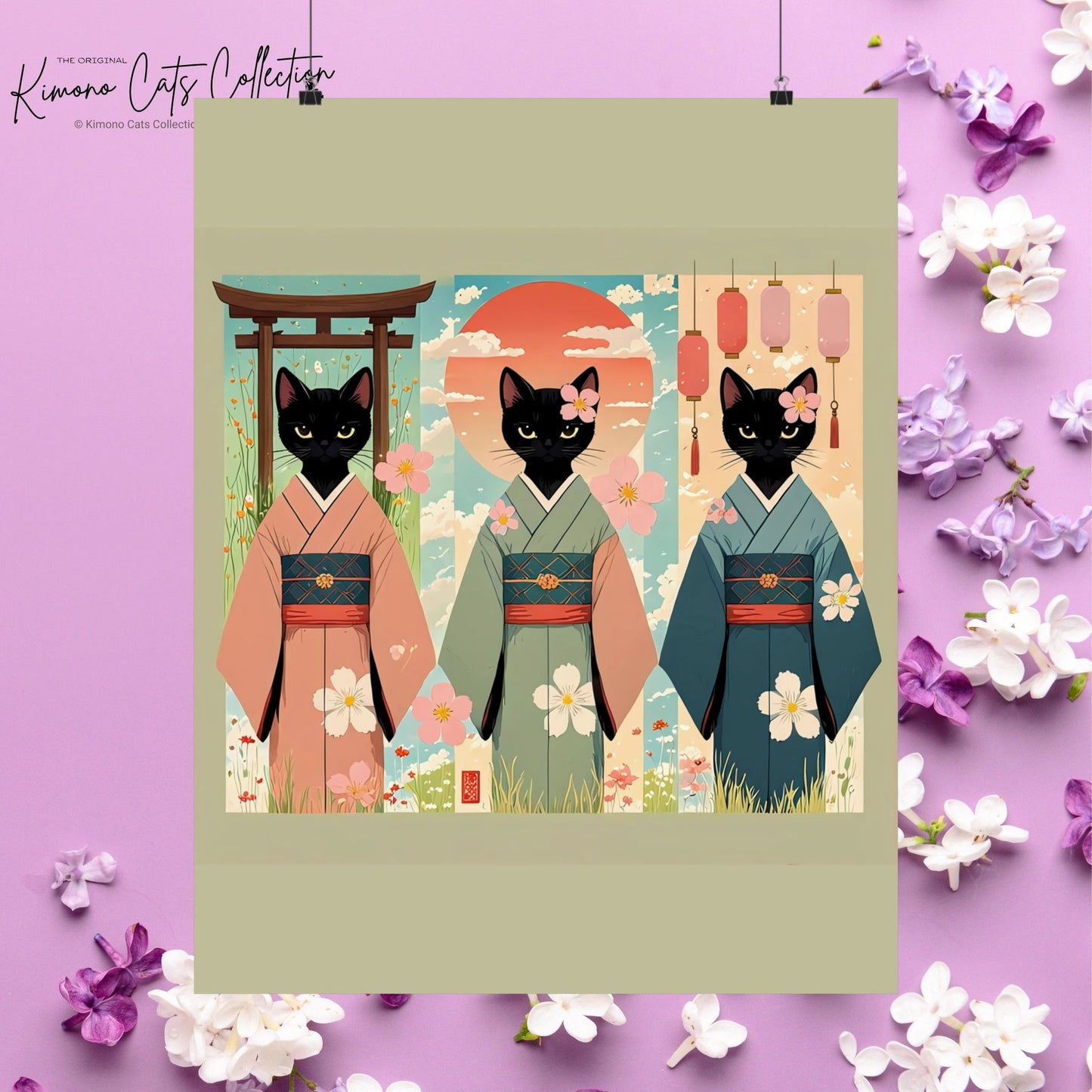 Three Black Cats in Kimonos – Japanese Scroll-Style Wall Art 🐾🎎