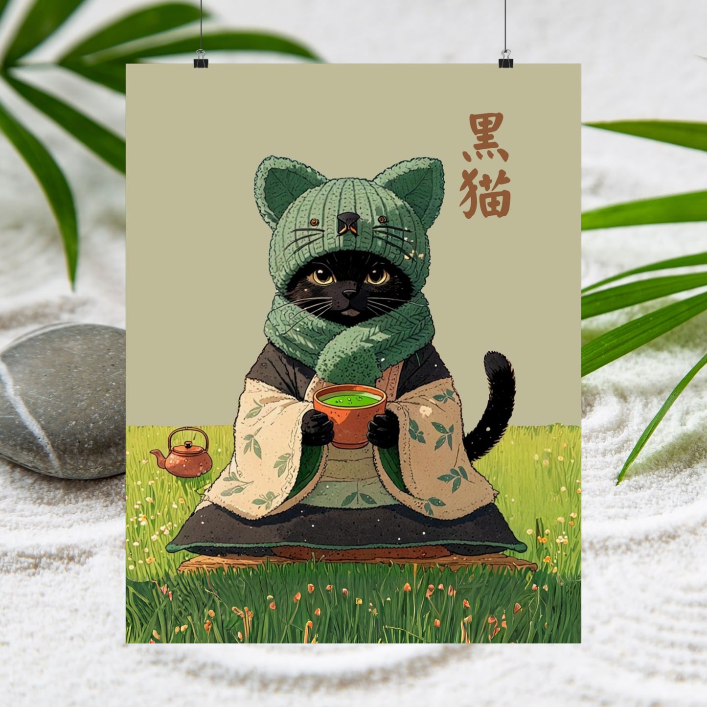 Cozy Black Cat Tea Art – Matcha Lover Wall Print 🐾🍵