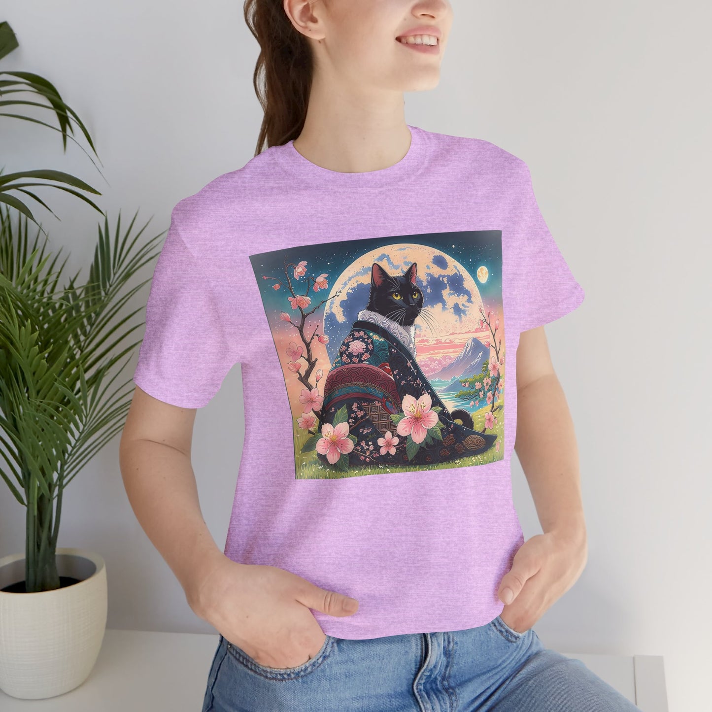 Elegant Black Cat in Cherry Blossom Kimono - Unisex T-Shirt