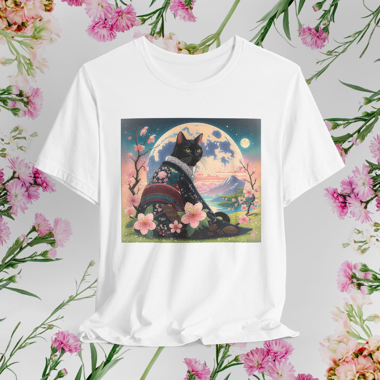 Elegant Black Cat in Cherry Blossom Kimono - Unisex T-Shirt