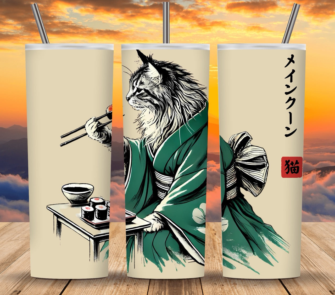 Kimono Cats Eating Sushi Tumbler Wrap PNG - Bundle of 24