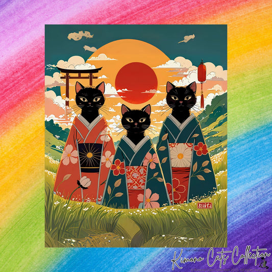 Three Black Cats in Kimonos – Rising Sun Wall Art 🐾🌅