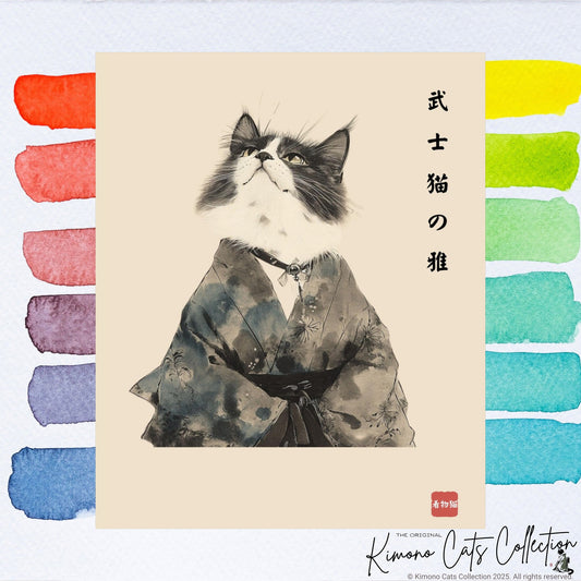 The Grace of the Samurai Cat – 武士猫の雅 | Japanese Sumi-e Wall Art