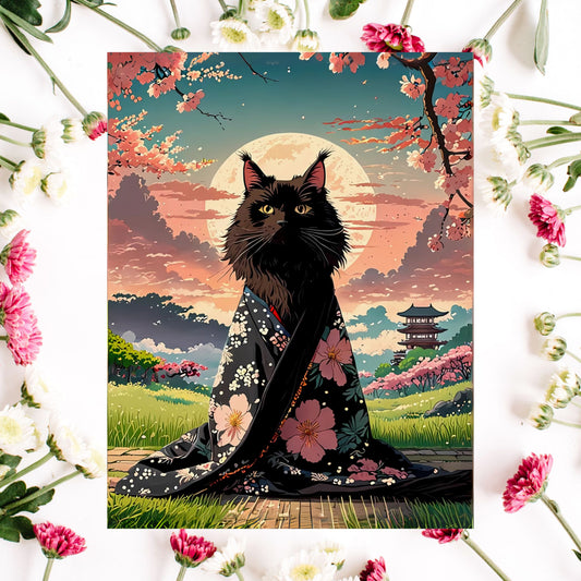 Moonlit Black Cat in Kimono – Japanese Cherry Blossom Art Print 🐾🌸🌙