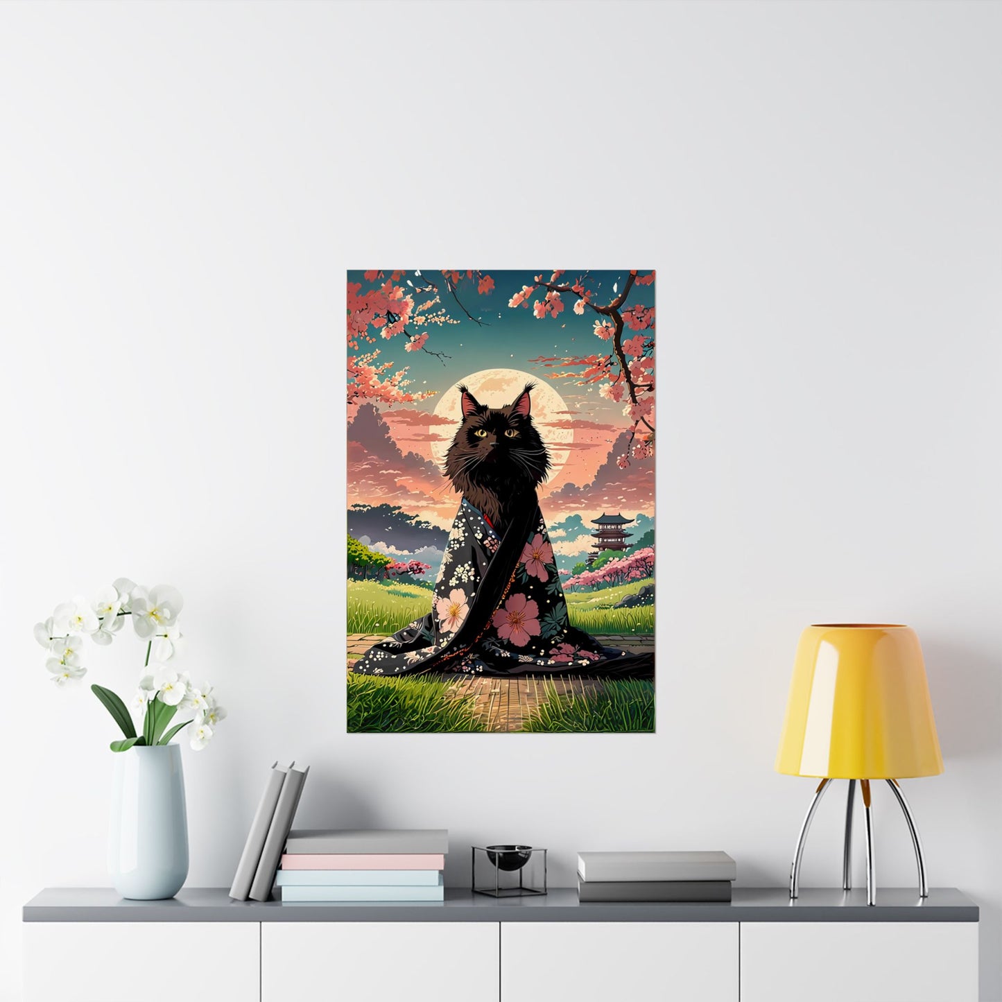 Moonlit Black Cat in Kimono – Japanese Cherry Blossom Art Print 🐾🌸🌙