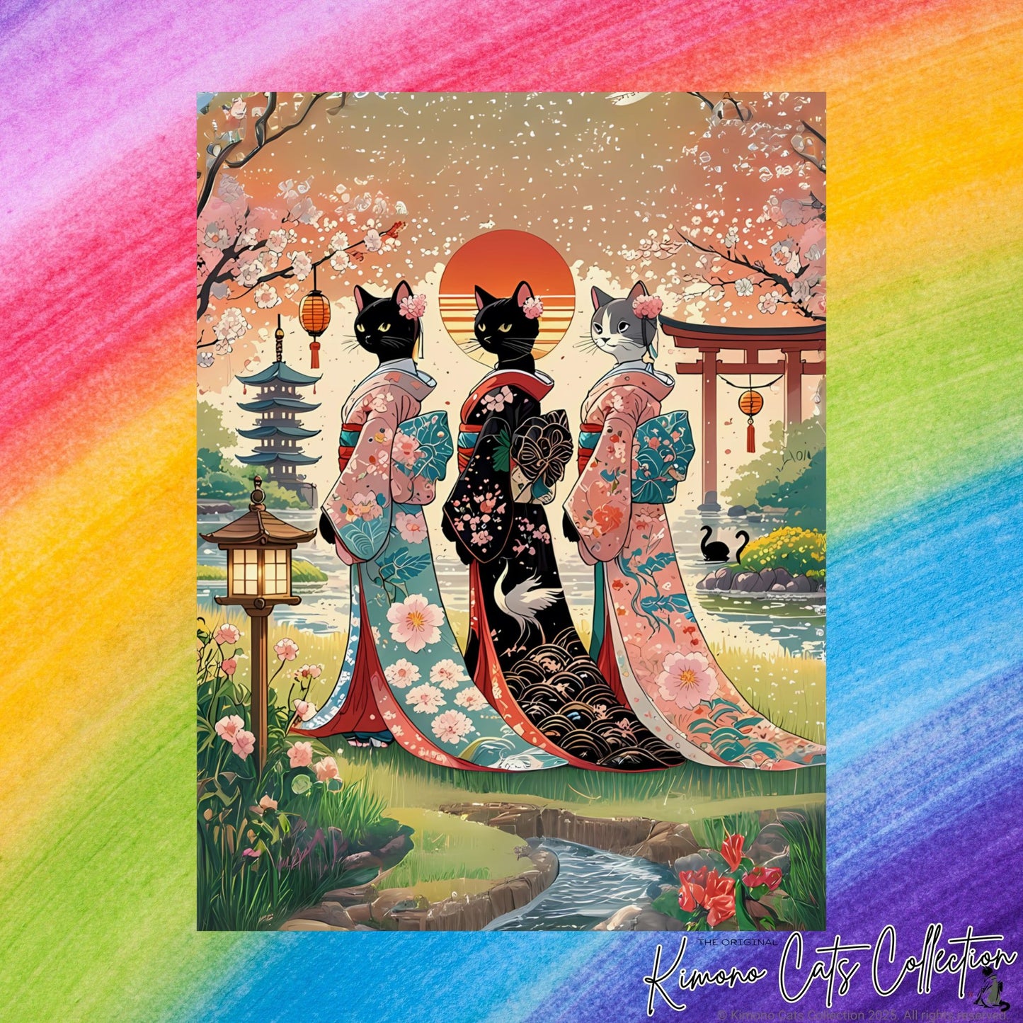 Geisha Cats Art Print – Elegant & Whimsical Wall Decor 🐾🎎