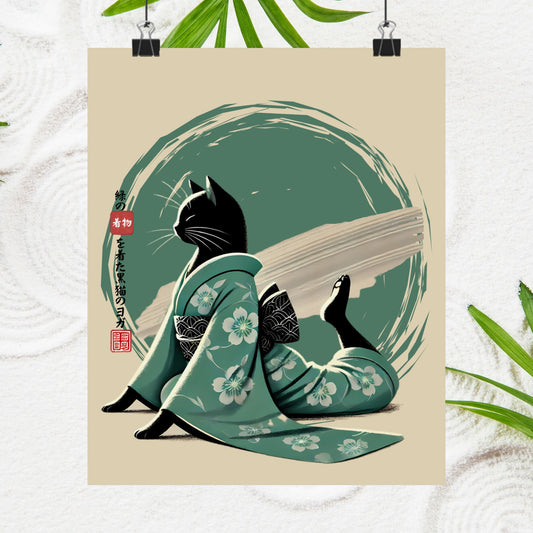 Yoga Black Cat in Green Kimono - Japanese-Inspired Art Print, Tranquil Cat Wall Art, Zen Home Decor