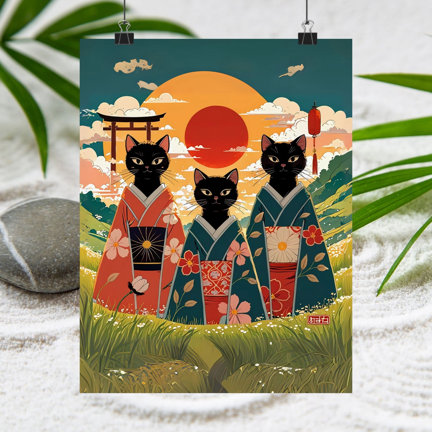 Three Black Cats in Kimonos – Rising Sun Wall Art 🐾🌅