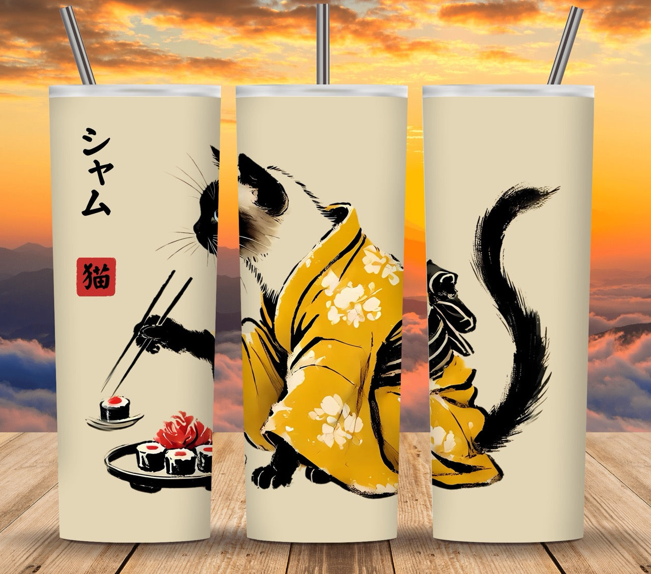 Kimono Cats Eating Sushi Tumbler Wrap PNG - Bundle of 24