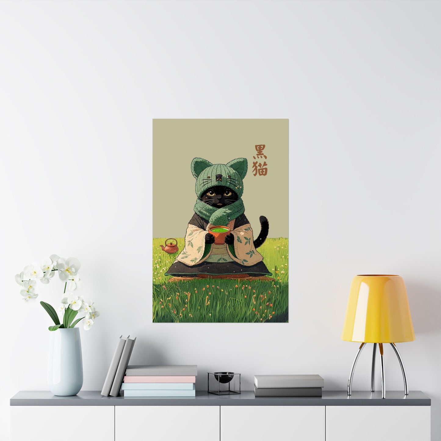 Cozy Black Cat Tea Art – Matcha Lover Wall Print 🐾🍵