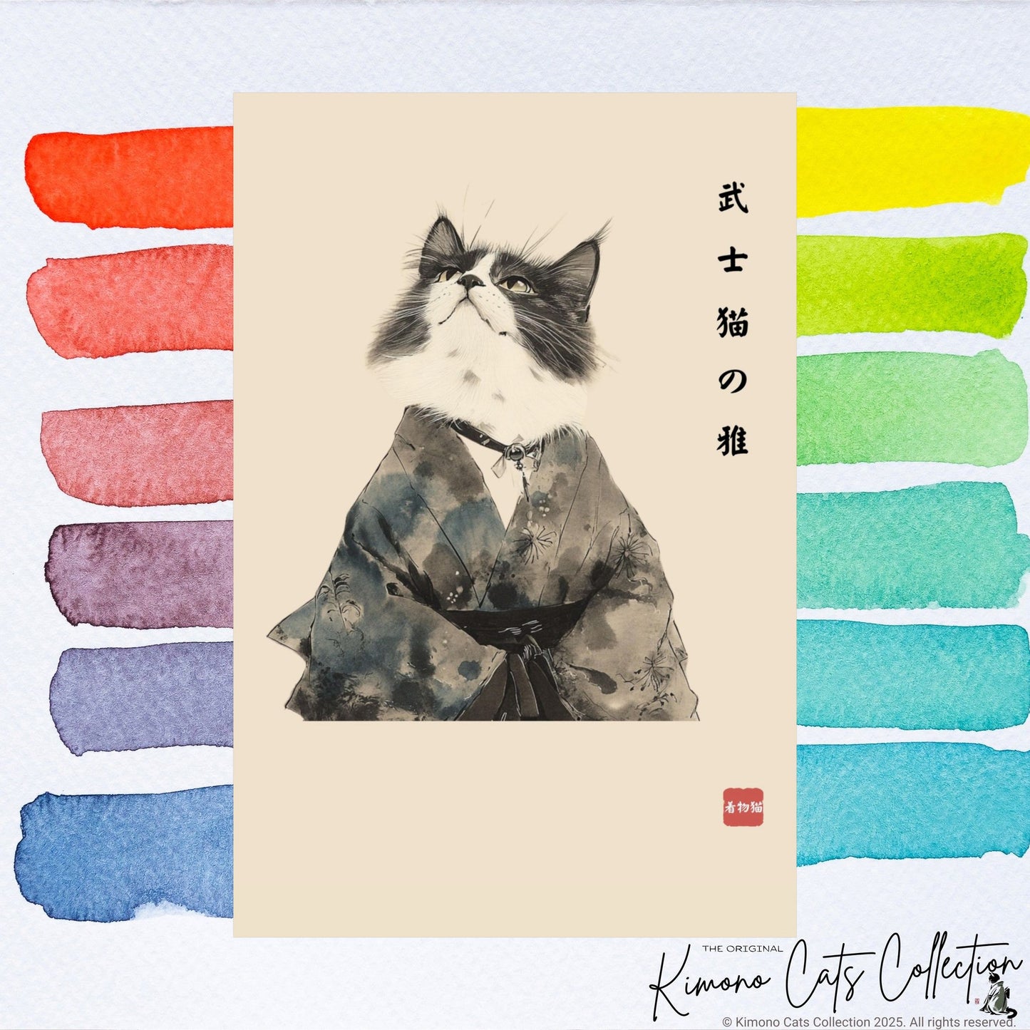 The Grace of the Samurai Cat – 武士猫の雅 | Japanese Sumi-e Wall Art