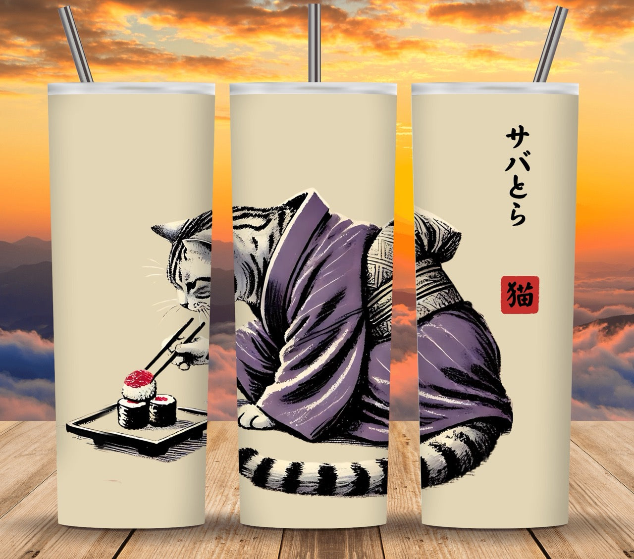 Kimono Cats Eating Sushi Tumbler Wrap PNG - Bundle of 24