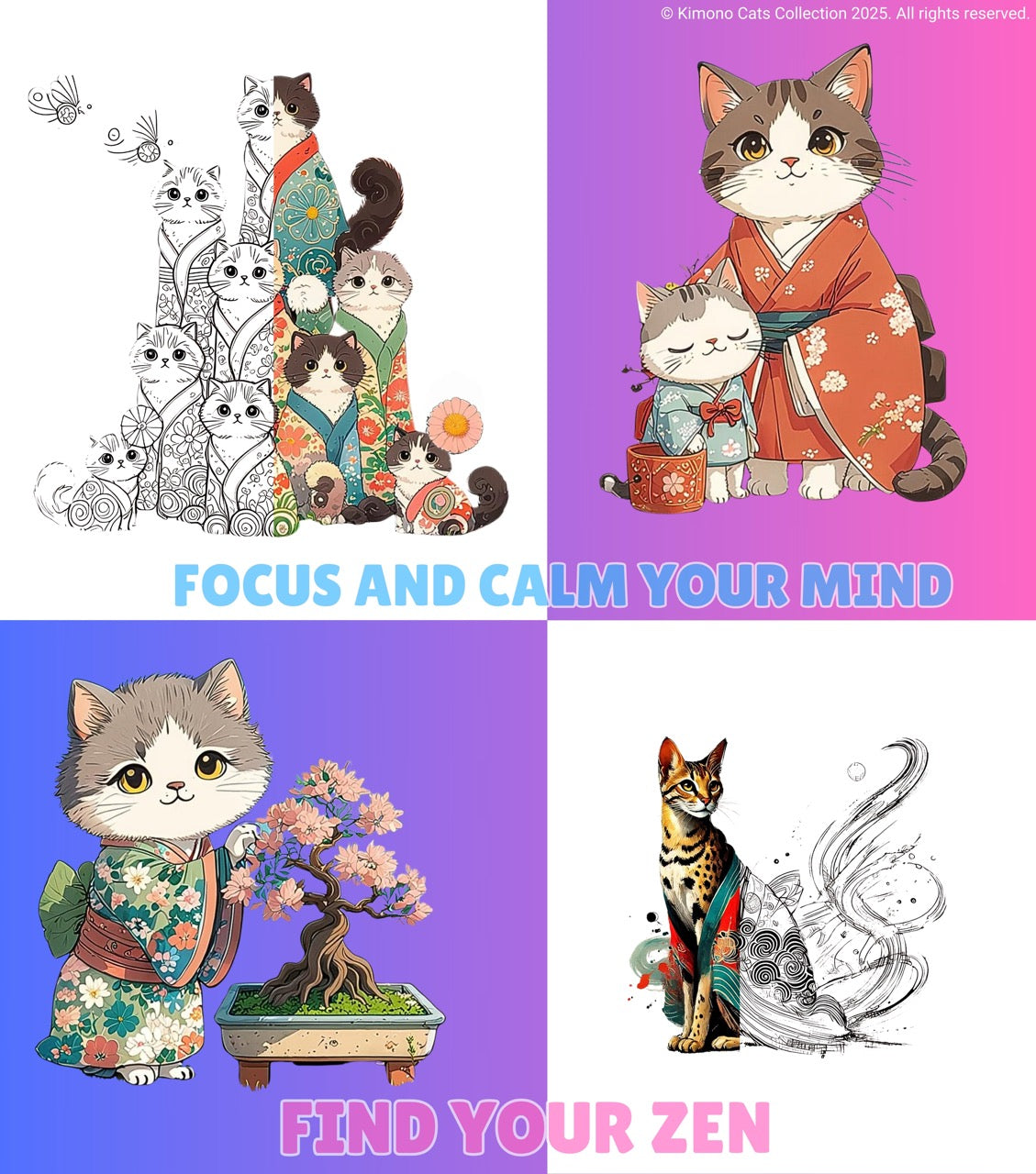 FREE! - 40 Zen Kimono Cats Coloring Pages – Adult Coloring Book, Printable, Stress Relief, Digital Download, Relaxing, ADHD & Anxiety Relief