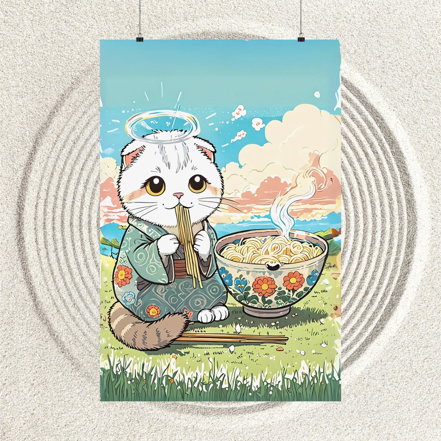 Ramen Angel Cat – Whimsical Kimono Cat Wall Art 🐾🍜