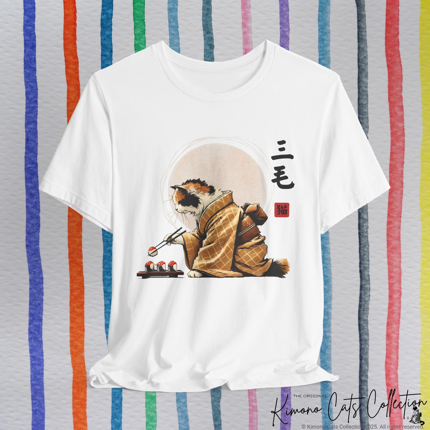 Calico Cat in Kimono Eating Sushi - T-Shirt