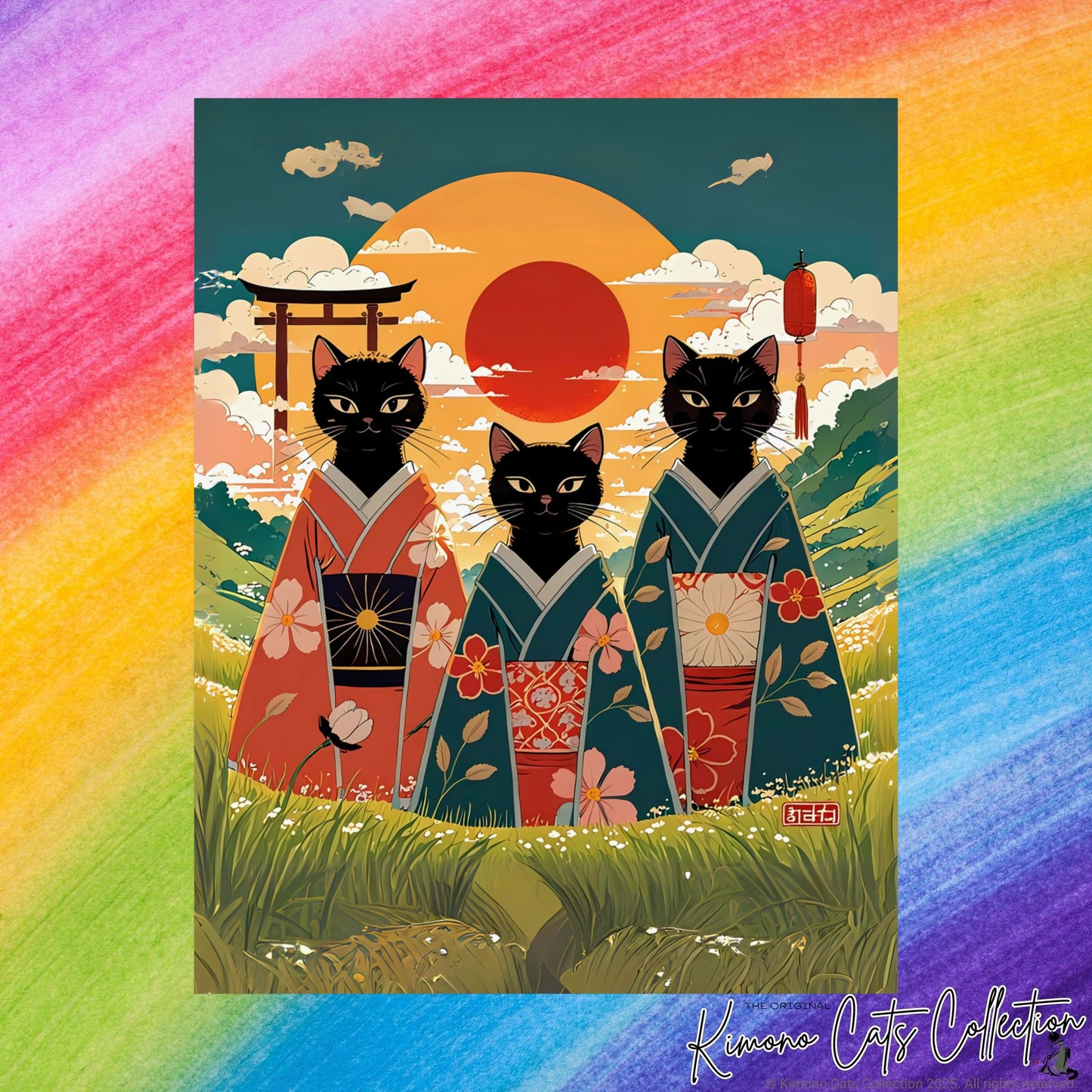 Three Black Cats in Kimonos – Rising Sun Wall Art 🐾🌅