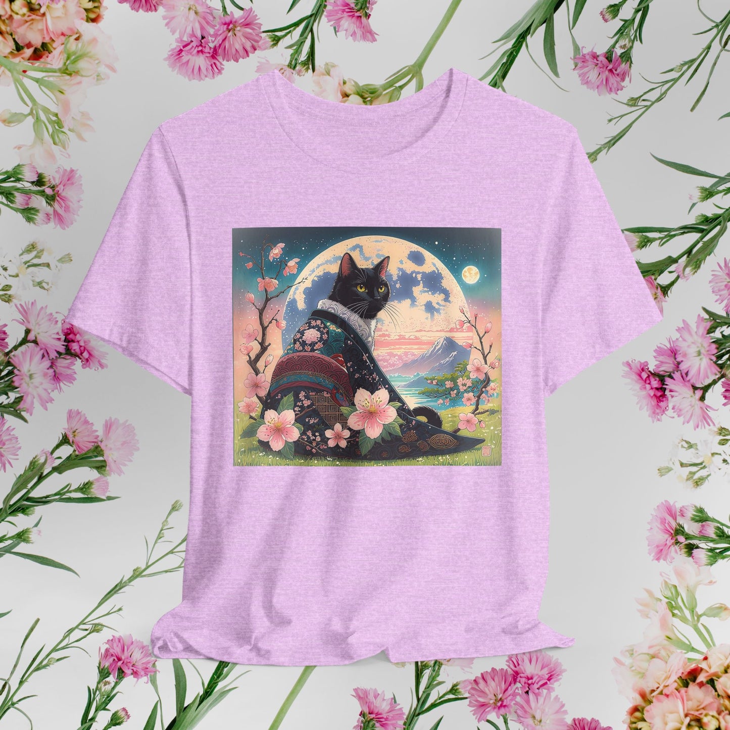 Elegant Black Cat in Cherry Blossom Kimono - Unisex T-Shirt