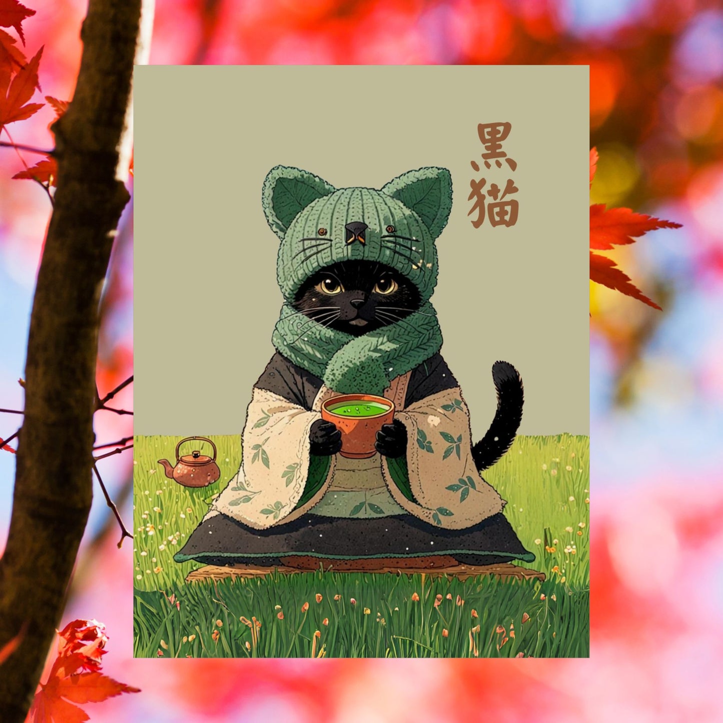 Cozy Black Cat Tea Art – Matcha Lover Wall Print 🐾🍵