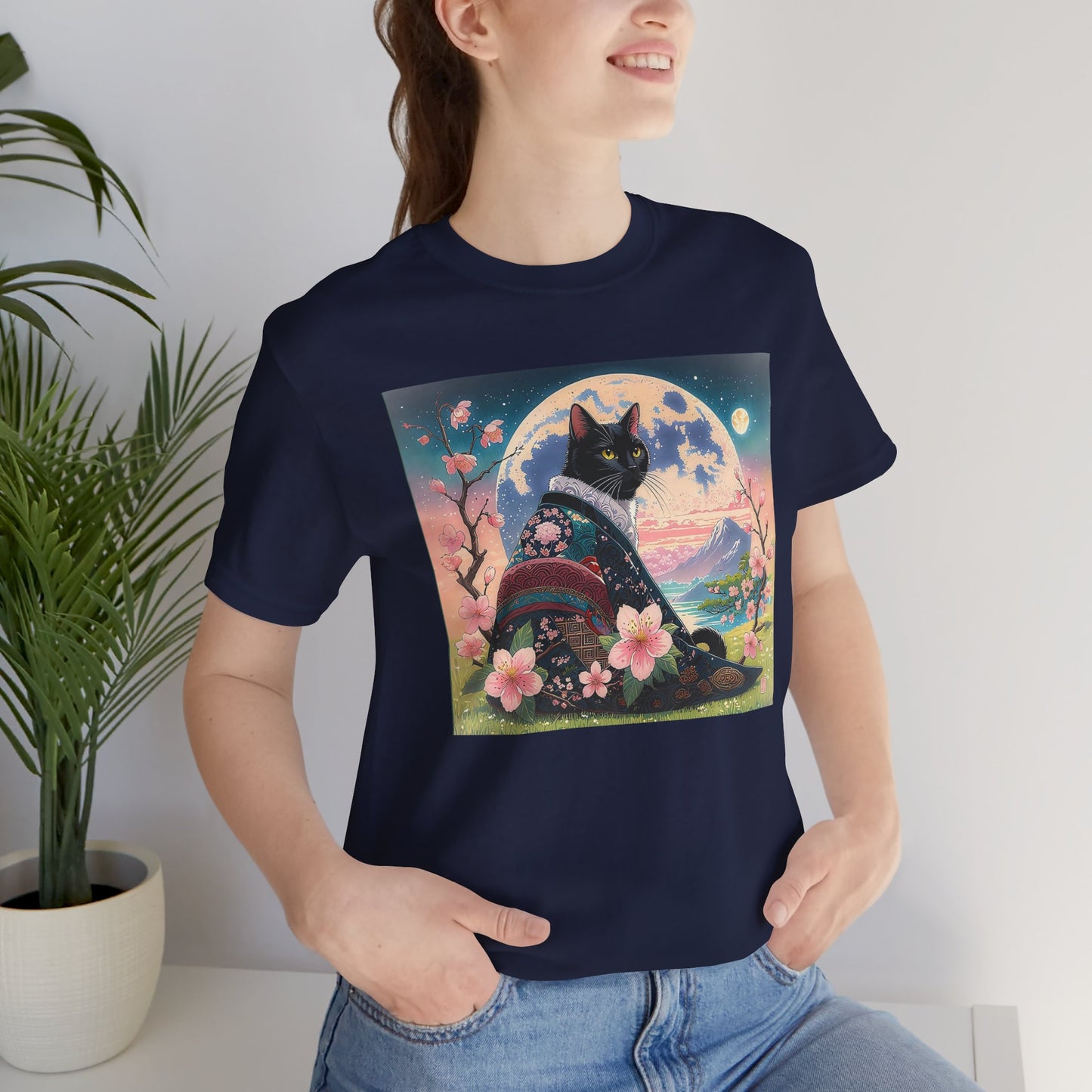 Elegant Black Cat in Cherry Blossom Kimono - Unisex T-Shirt