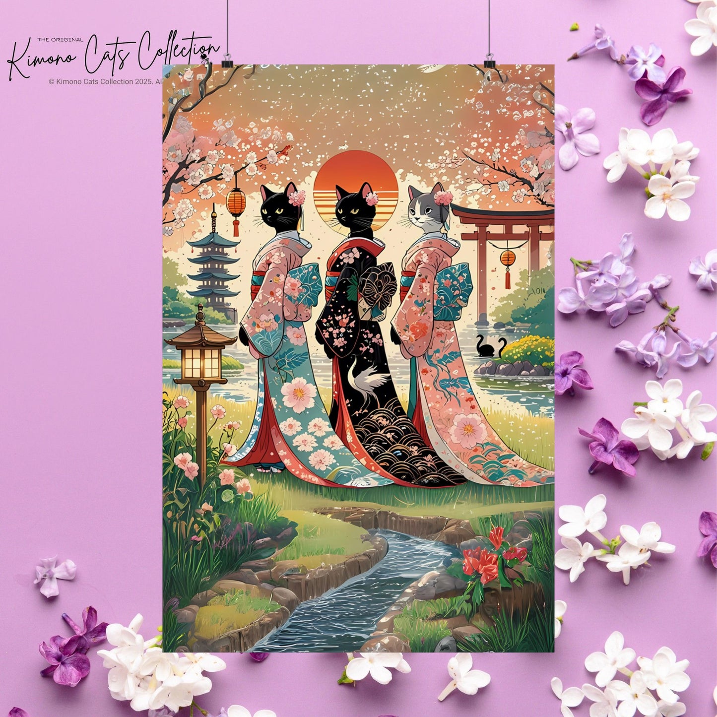 Geisha Cats Art Print – Elegant & Whimsical Wall Decor 🐾🎎