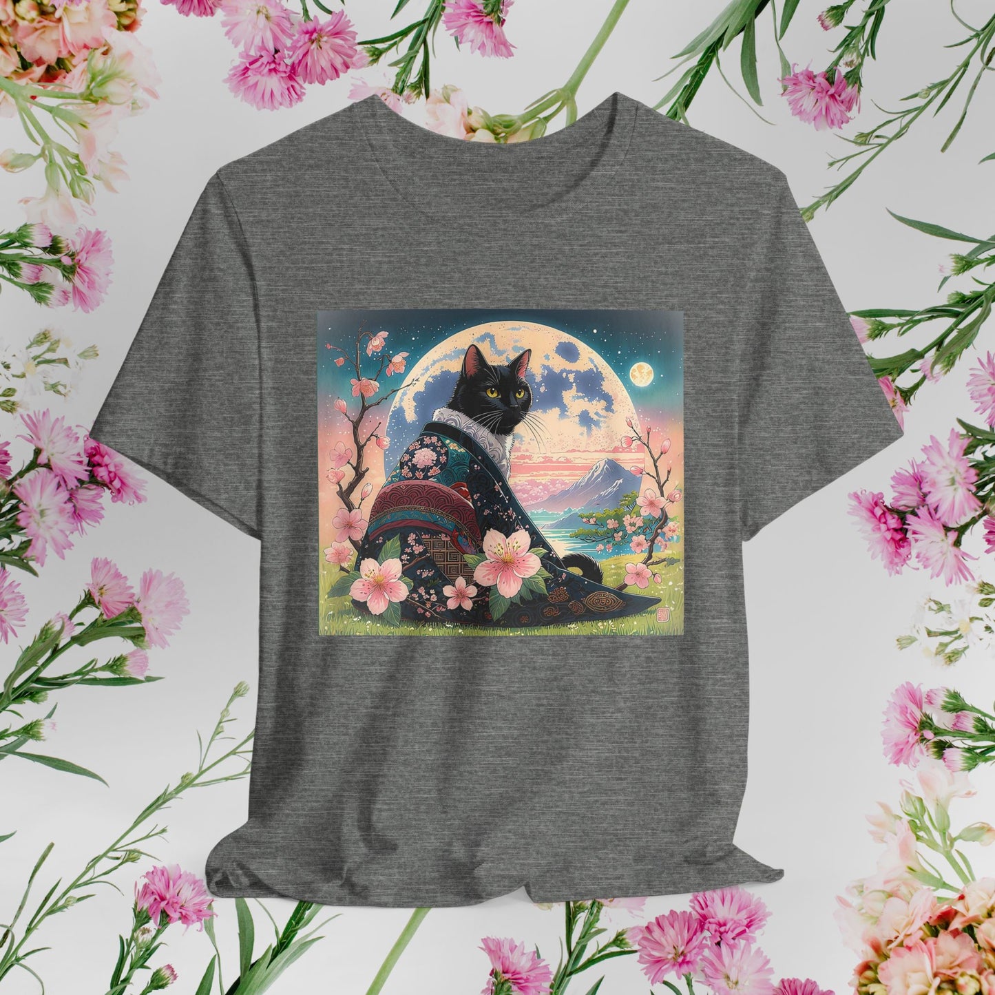 Elegant Black Cat in Cherry Blossom Kimono - Unisex T-Shirt