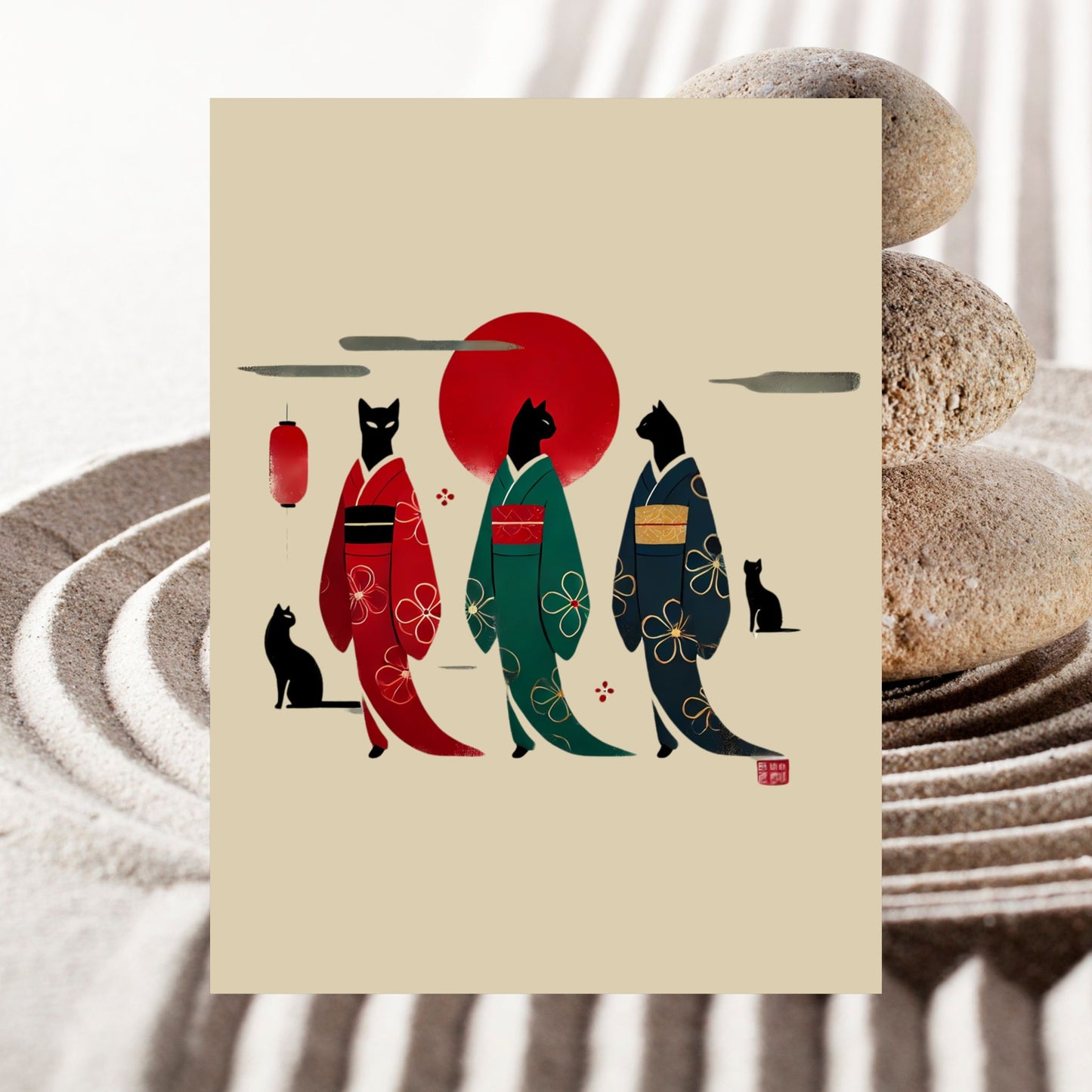 Black Cats in Kimonos Wall Art – Red Sun Print 🐾