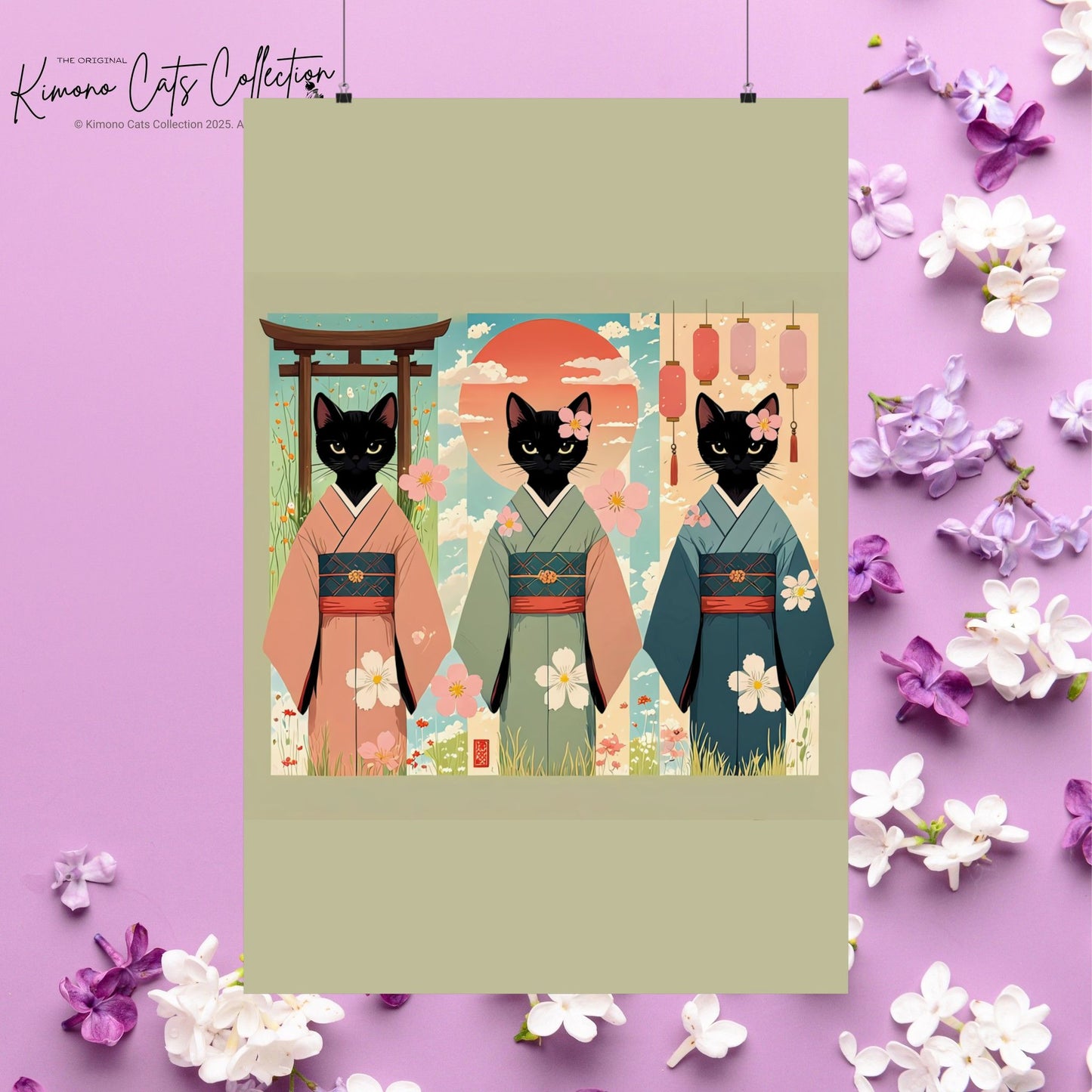 Three Black Cats in Kimonos – Japanese Scroll-Style Wall Art 🐾🎎