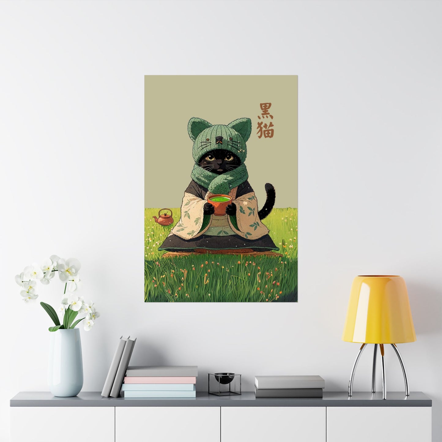 Cozy Black Cat Tea Art – Matcha Lover Wall Print 🐾🍵