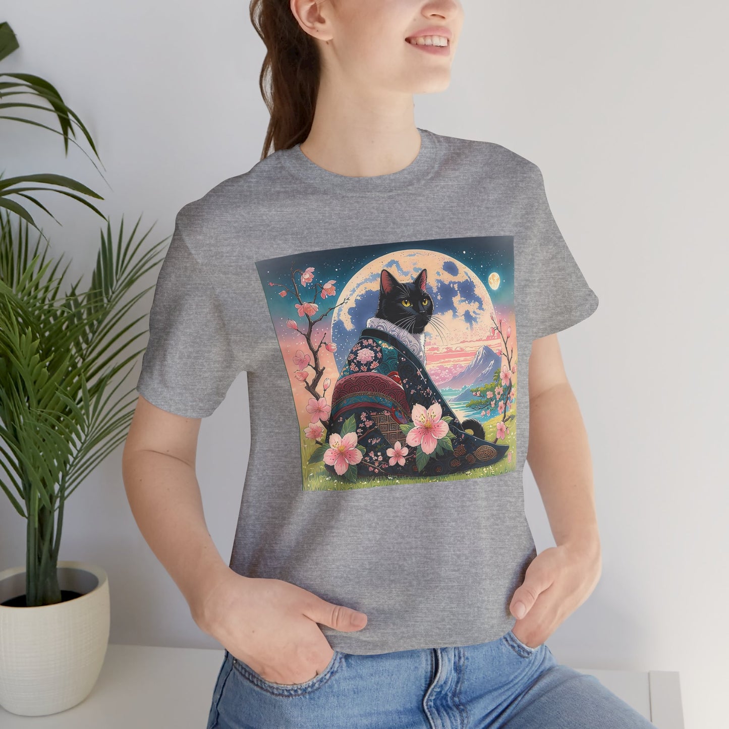 Elegant Black Cat in Cherry Blossom Kimono - Unisex T-Shirt