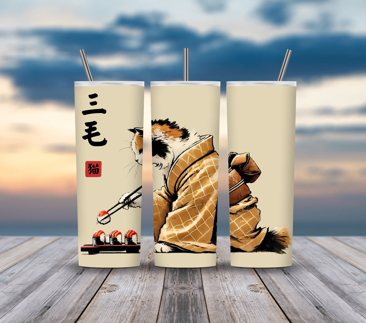 Kimono Cats Eating Sushi Tumbler Wrap PNG - Bundle of 24