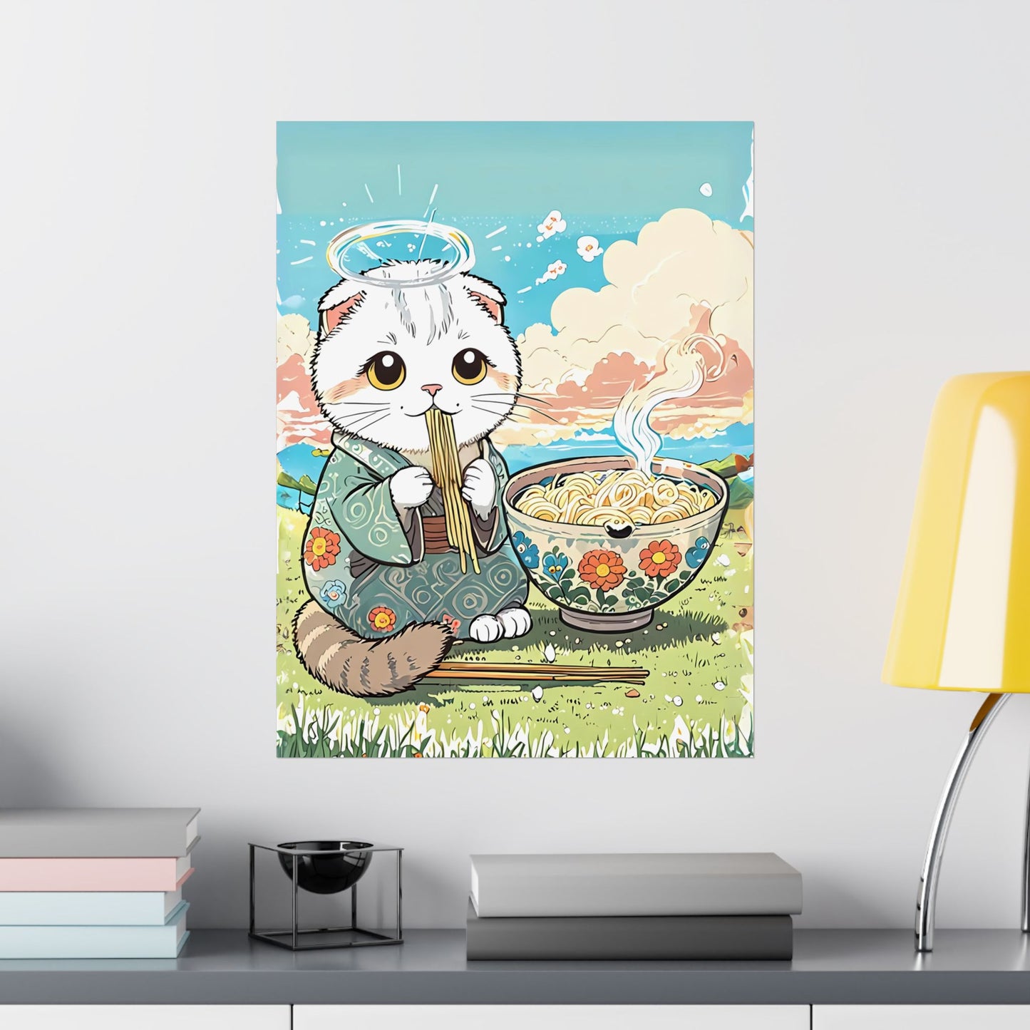 Ramen Angel Cat – Whimsical Kimono Cat Wall Art 🐾🍜