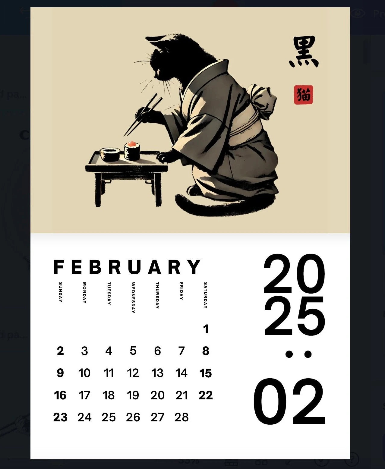 PRINTABLE Calendar - Kimono Cats Eating Sushi, 2025